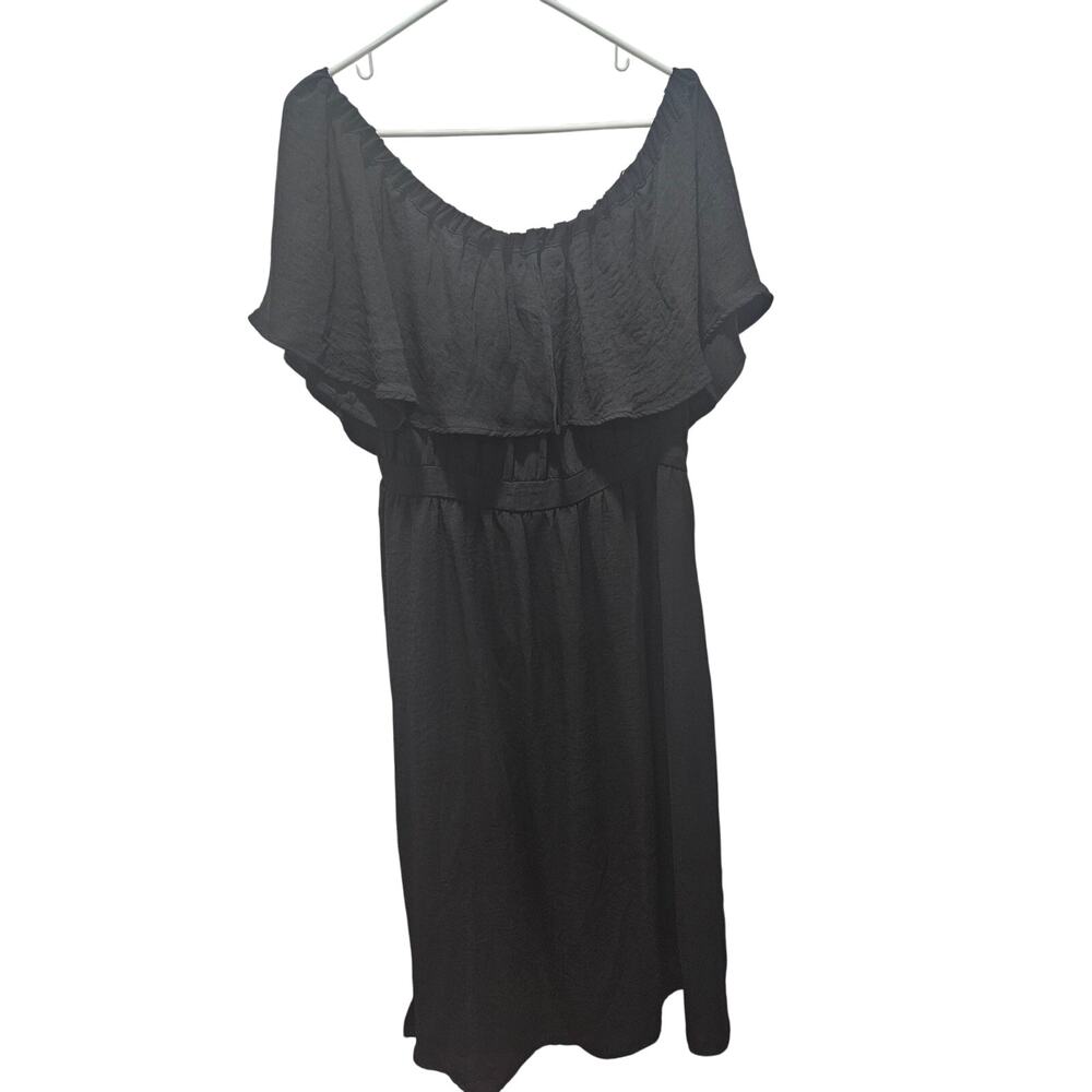 DRA Los Angeles Black Off Shoulder Midi Dress Ruffle Overlay Flutter Sleeve L